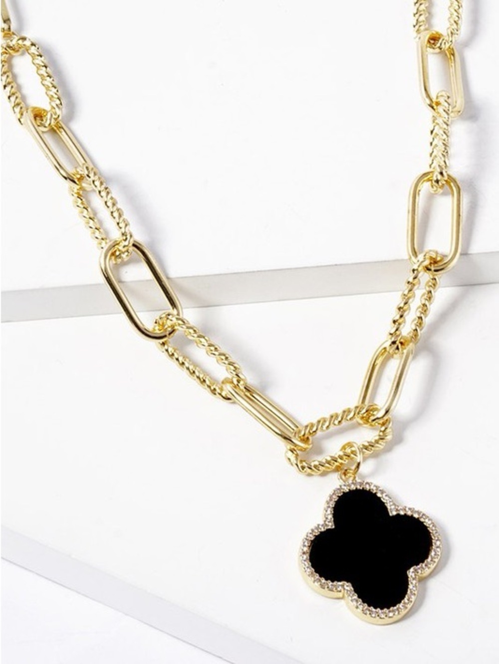 Gold Dipped Black Clover Paperclip Necklace (8515)